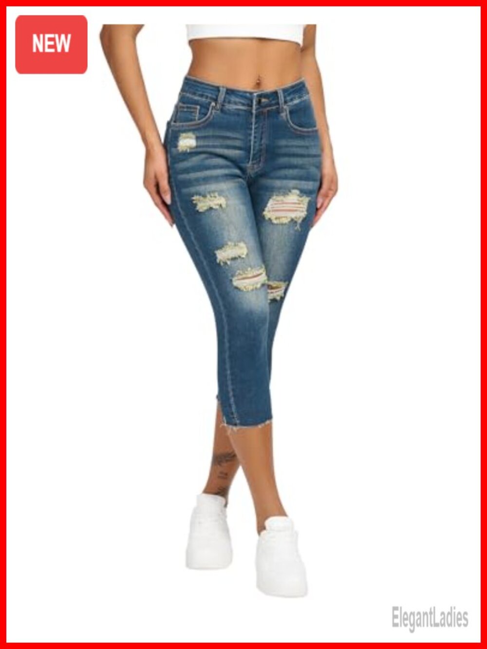 Ripped Stretch Denim Capri Jeans Mid Rise Skinny Cropped Pants